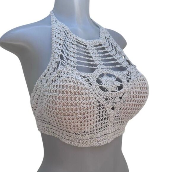 Rebellion Again Crop Top Women's Medium Ecru Crochet Macrame Halter Tie Boho - Picture 15 of 15